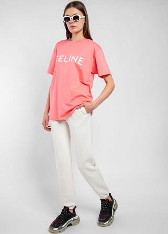 Розовая летняя белая футболка oversize с логотипом Celine