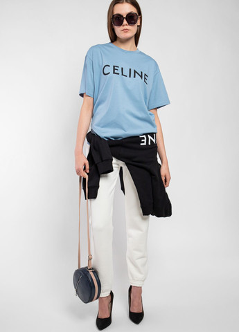 Голубая летняя белая футболка oversize с логотипом Celine