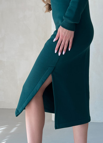 Зеленое повседневный повседневное теплое зимние платье на флисе ниже колена зелёный 700001022 платье-худи, оверсайз, а-силуэт, платье-водолазка, футляр, клеш, колокол, платье-свитшот, поло, платье-свитер Merlini однотонное