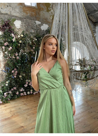 Зеленое пляжное платье а-силуэт, на запах First Woman в горошек