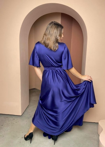 Синя вечірня плаття з спідницею-сонце, на запах, а-силует FashionYouWant однотонна