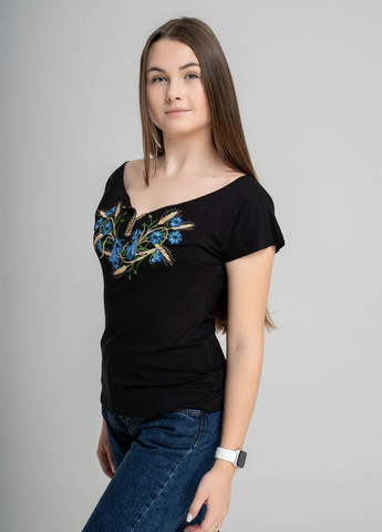 Женская вышитая футболка с широкой горловиной "Васильки и колосья" Melanika (277160412)