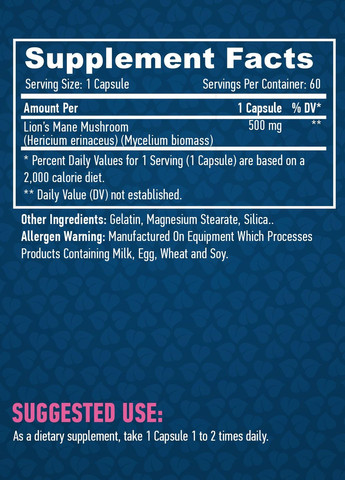 Левова грива Lion's Mane Mushroom 500mg 60 caps Haya Labs (271531280)