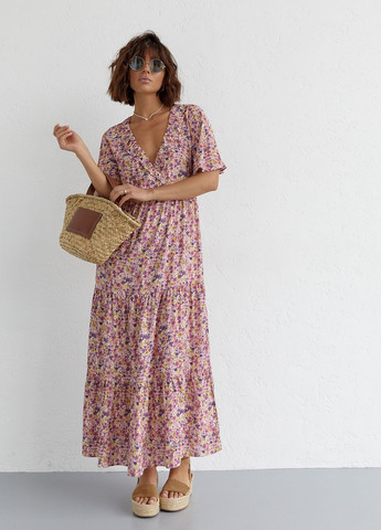 Лавандовое откровенный длинное платье с оборкой и цветочным принтом - лавандовый Lurex