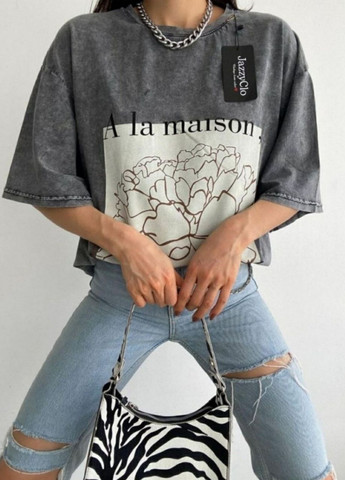 Сіра футболка-туніка варенка з квітками спереду No Brand