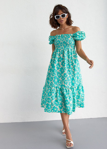 Изумрудное откровенный платье в крупные цветы с открытыми плечами - изумрудный Lurex