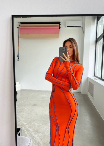 Оранжевое шикарное приталённое платье макси из плотного рубчика, красивое платье с яркими швами, стильное вечернее / прогулочное платье No Brand