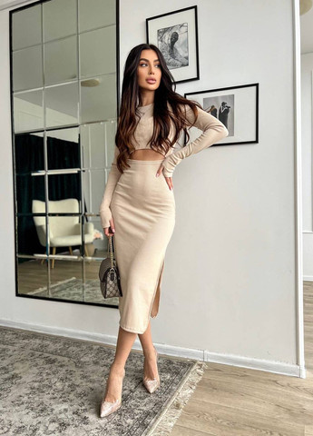 Красивый вечерний костюм юбка + топик с вырезом для пальчика, нежный приталённого костюм из турецкого рубчика No Brand 102-2 (270745880)