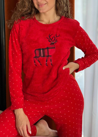 Красная зимняя теплая яркая пижама с оленем кофта + брюки Vakko