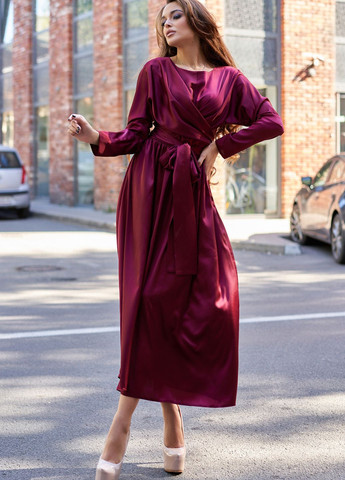 Бордовое кэжуал, вечернее стильное платье из нежного шелка «армани» Jadone Fashion однотонное