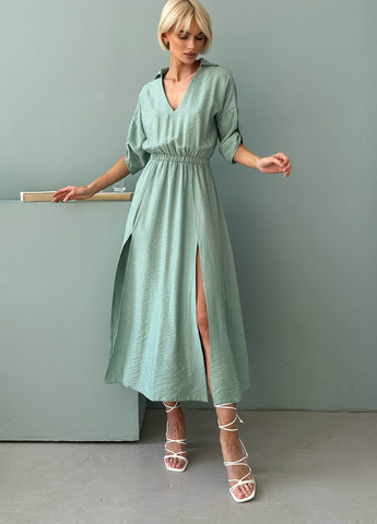 Оливковое повседневный летнее платье из льна Jadone Fashion однотонное