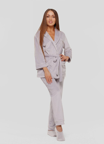 Светло-серая всесезон пижама костюм домашний велюровый халат со штанами светло-серый Maybel