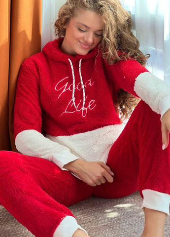 Красная зимняя женская теплая махровая пижама кофта + брюки No Brand