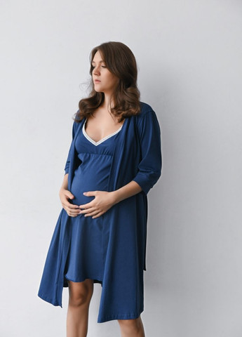 Хлопковый халат для беременных и кормящих мам на запах цвет индиго Мамин Дом (269340579)