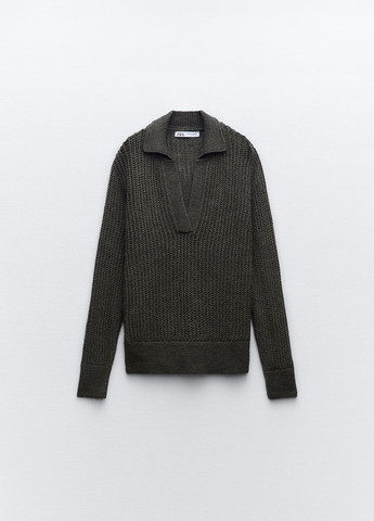 Оливковый (хаки) демисезонный ажурный трикотажный светр поло Zara