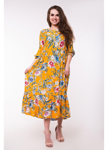 Жовтий повсякденний сукня d65s-17 кльош Bon Voyage з квітковим принтом