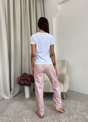 Пудрова всесезон піжамний комплект 3-ка жіночий з сатину pearl пильна пудра з футболкою білою футболка + шорти + брюки Cosy