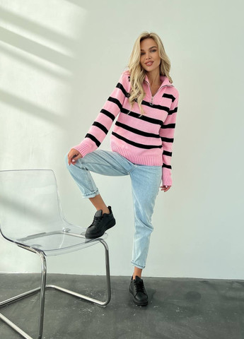 Жіночий светр вовняний в смужку з блискавкою рожевий з чорним р.42/46 396781 New Trend (258967818)