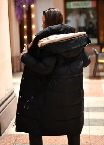 Черное зимнее Женское пальто 88642 оверсайз Hadavoee
