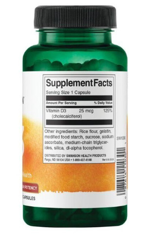Vitamin D3 High Potency 1000IU 25 mcg 250 Caps Swanson (256721134)