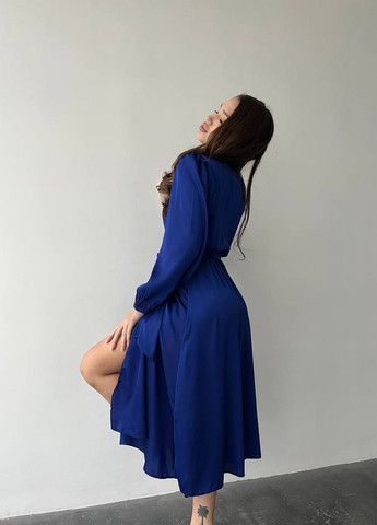 Синее повседневный шикарное женское шёлковое платье No Brand однотонное