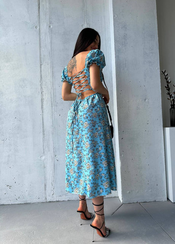 Світло-блакитна кежуал неймовірна сукня міді зі спинкою на шнурівці Vakko з квітковим принтом