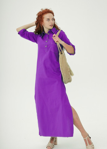 Фіолетова кежуал класична довга пряма сукня з натурального льону INNOE однотонна