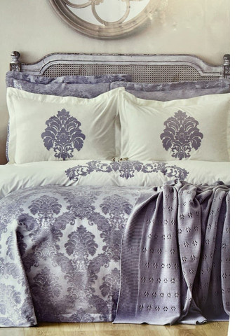 Набор постельное белье с покрывалом + плед - Adrienne gri серый евро (10) Karaca Home (258186471)