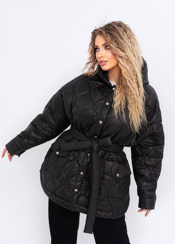Чорна жіноча куртка з поясом колір чорний р.50/52 440912 New Trend