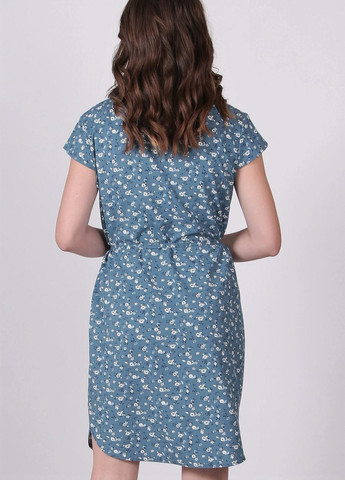 Синее кэжуал платье женское 004 ромашка ветка белая софт джинсовое Актуаль