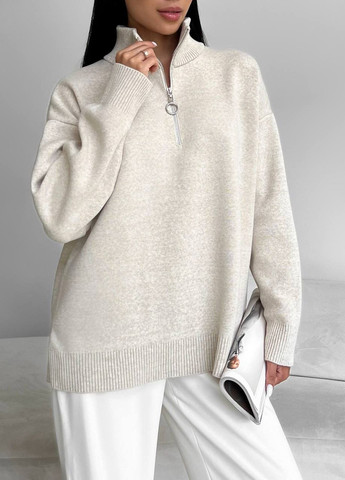 Жіночий светр із блискавкою із жаккардової в'язки колір світло бежевий р.42/46 441549 New Trend (263133708)