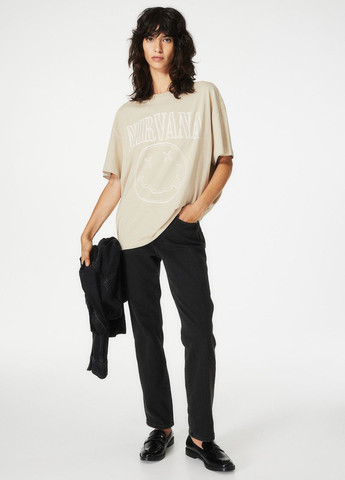 Бежева літня футболка оверсайз з принтом з коротким рукавом H&M