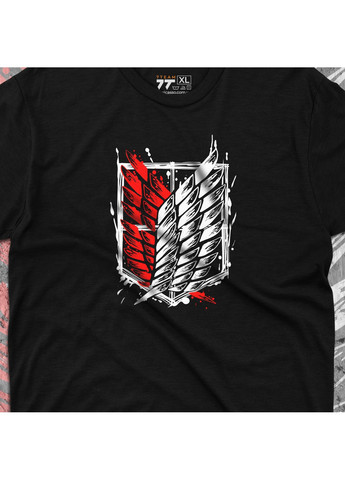 Черная футболка с принтом атака титанов - крылья свободы красные No Brand
