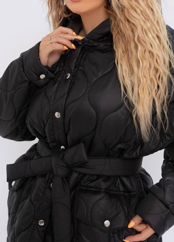 Черная женская куртка с поясом цвет черный р.50/52 440912 New Trend