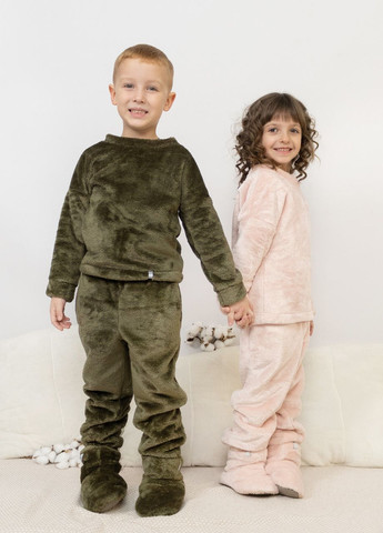 Оливковая (хаки) пижама детская домашняя махровая кофта со штанами хаки Maybel