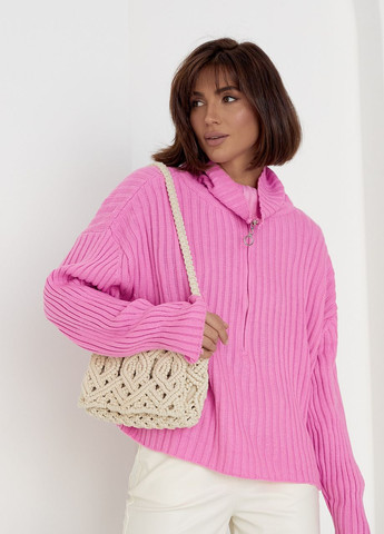 Рожевий демісезонний светр жіночий з блискавкою на комірі - рожевий Lurex