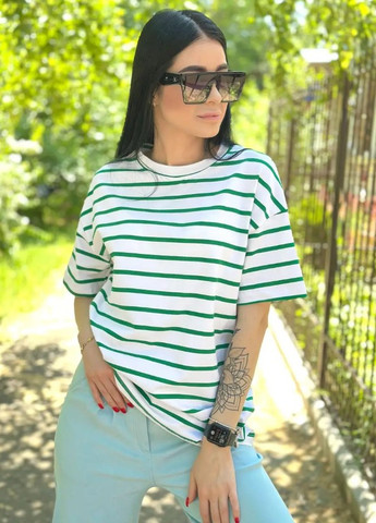 Зелена літня подовжена футболка в смужку з коротким рукавом Fashion Girl Modis