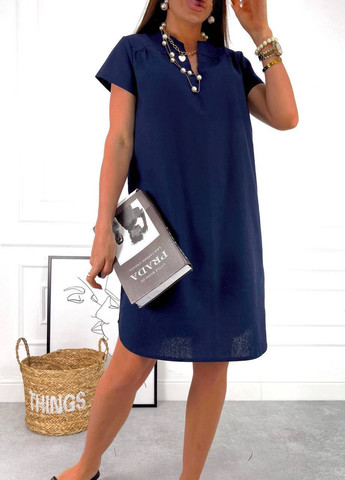 Синя жіноча лляна сукня вільного крою синього кольору р.54/56 431696 New Trend