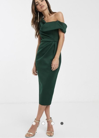 Зелена зелена сукня-футляр міді зі спущеним плечем та драпіруванням design Asos