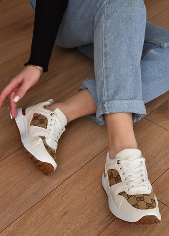 Белые демисезонные кроссовки женские белого цвета с коричневыми вставками на шнуровке Let's Shop
