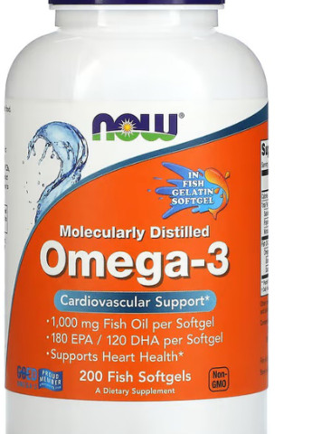 Omega-3 Molecularly Distilled Softgels 1000 mg 200 Fish Softgels Now Foods (256723975)