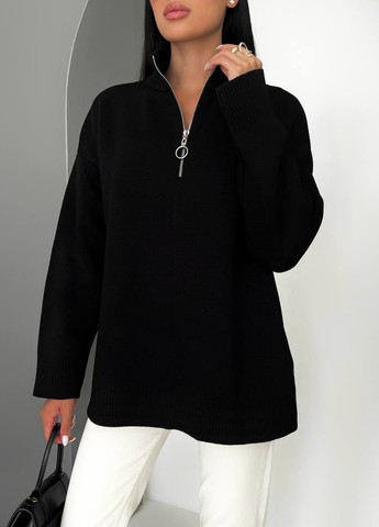 Жіночий светр із блискавкою із жаккардової в'язки колір чорний р.42/46 441552 New Trend (263133785)