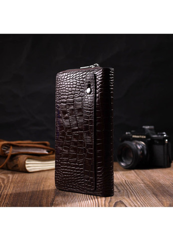 Великий чоловічий клатч з одним відділенням з натуральної шкіри з тисненням під крокодила 22028 Коричневий Bond (262157963)