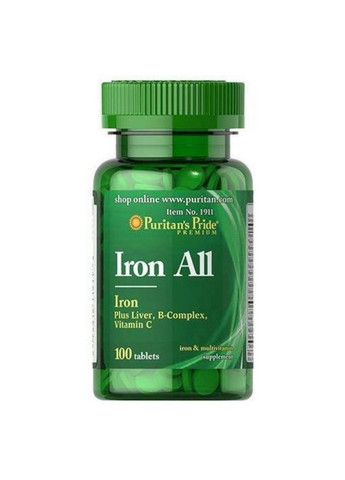 Мультивітаміни із залізом, Iron All - 100 табл Puritans Pride (271405936)