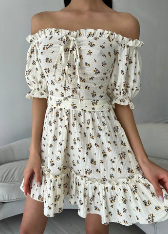 Молочное женское летнее платье из муслина цвет молоко-горчичный р.46/48 437211 New Trend