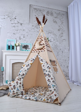 Вигвам c Индейцами Детская Палатка домик бежевая с мягким ковриком и подушкой, 110х110х180см, Подвеска месяц в подарок Украина (256918092)