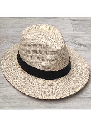 Літній капелюх Федора бежевий з чорною стрічкою (949) No Brand (259522171)