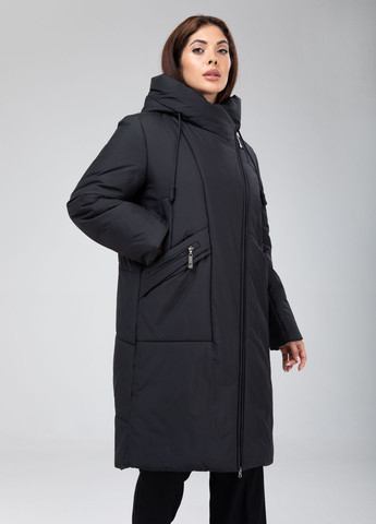 Черное зимнее Женское зимнее длинное пальто больших размеров 12142 Delfy