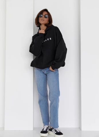 Теплое женское худи оверсайз с завязками внизу - черный Lurex (262810042)
