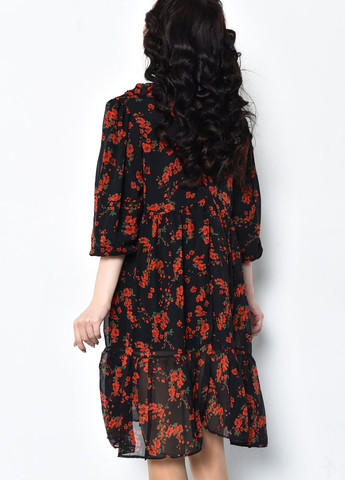 Черное кэжуал платье женское шифоновое черного цвета с красными цветами баллон Let's Shop с цветочным принтом